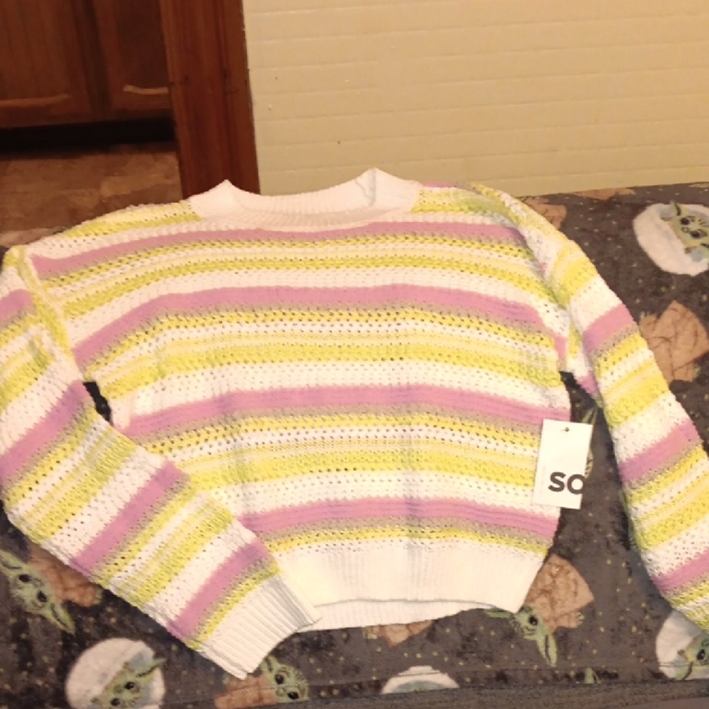 SO Women's Striped Sweater - White, Yellow, Pink